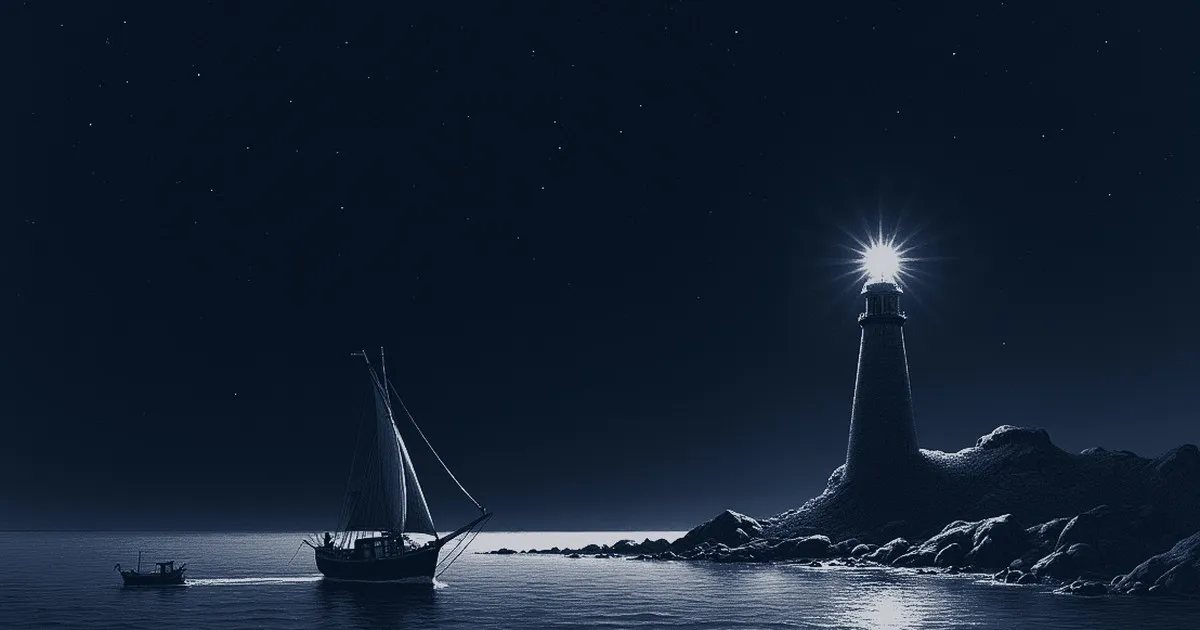 Capa do Diário de bordo: gravura de veleiro navegando à noite em direção a um farol distante, sob um vasto céu estrelado.