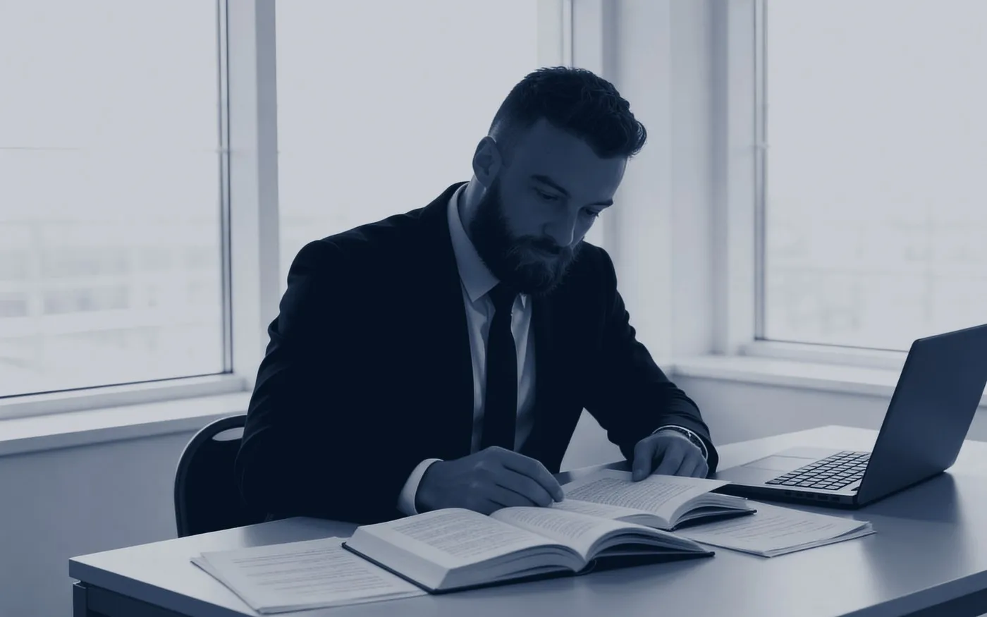 Avimar Machado sentado à mesa de trabalho, livro aberto e laptop, ambiente amplo com luz natural, tratamento duotone frio navy e prata.